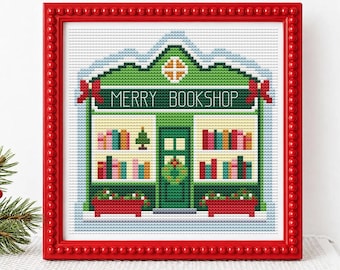 Christmas village Cross Stitch Pattern, Bookshop Beginner Counted Chart, PDF stitch Holiday craft, Needlepoint Ornament Festive Stitching