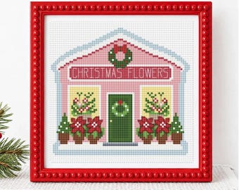 Schema per punto croce "Negozio di fiori di Natale", schema per ricamo natalizio in PDF, disegno per ricamo "Villaggio festivo", download per ricamo natalizio