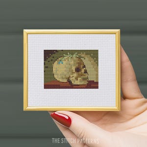 May include: A cross-stitch pattern of a human skull with a sprig of greenery on top, framed in a gold frame.