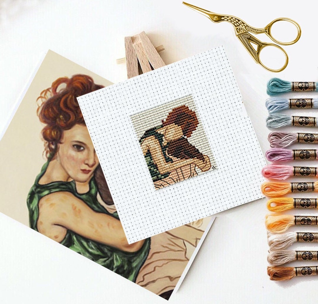 Mini Cross Stitch Pattern, the Artist's Wife by Egon Schiele, Art Cross