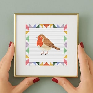 May include: A framed cross-stitch of a robin bird. The bird has a red breast, brown wings, and is set against a white background with a colorful geometric border. The frame is gold-colored.