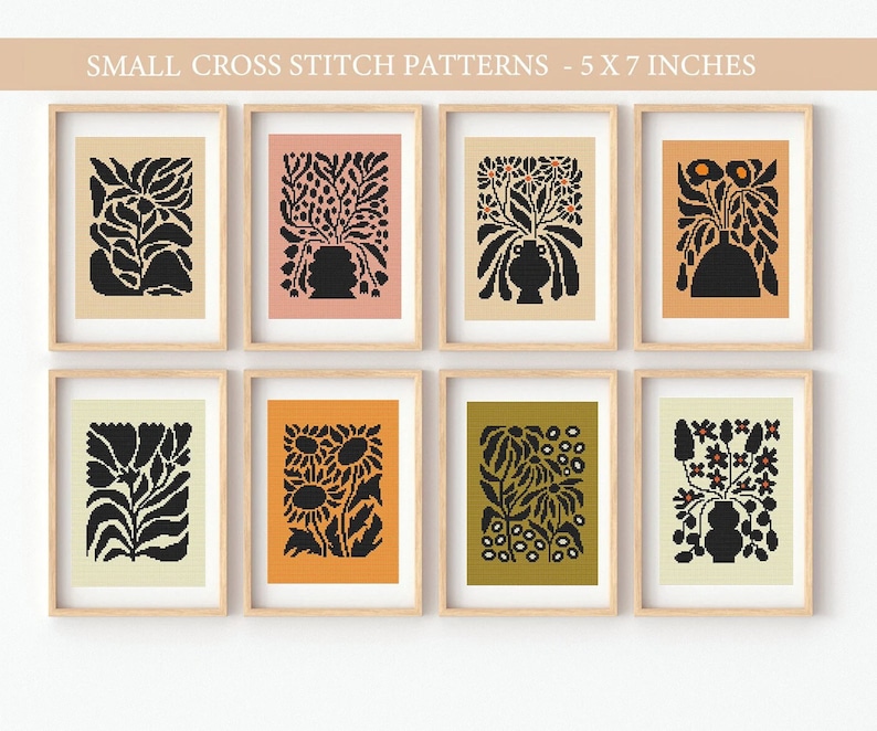 May include: Set of eight cross stitch patterns featuring black silhouettes of floral arrangements in vases, each pattern is framed in a light wood frame and set against a white background. The patterns are 5x7 inches.
