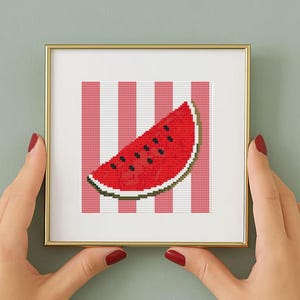 Pode incluir: Uma obra de arte em ponto cruz emoldurada com uma fatia de melancia sobre um fundo listrado vermelho e branco. A melancia é vermelha com sementes pretas e casca verde. A moldura é dourada.