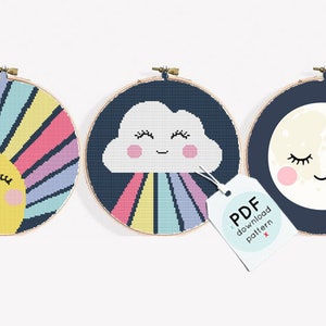 Set of 3 Sun, Moon, Cloud Cross Stitch Patterns (PDF Download)