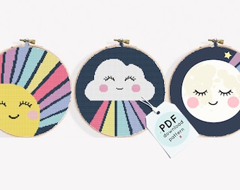 Set of 3 Sun, Moon, Cloud Cross Stitch Patterns (PDF Download)