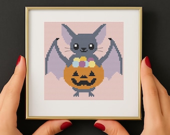 Joli motif de point de croix chauve-souris d'Halloween, mini tableau PDF, sac de bonbons citrouille, broderie facile à compter, couture à l'aiguille DIY 4 x 4 pouces, ami débutant