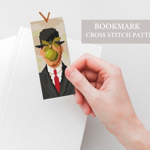 Bookmark pattern The son of man Magrite, art cross stitch, small cross stitch, embroidery bookmark, counted cross stitch, paintings stitch