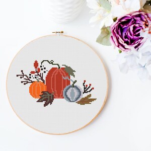 Thanksgiving Day cross stitch pattern PDF, pumpkin cross stitch, harvest pumpkin floral retro fall autumn nature counted cross stitch modern image 3