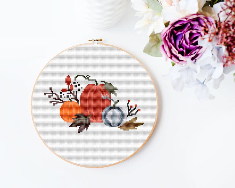 Thanksgiving Day cross stitch pattern PDF, pumpkin cross stitch, harvest pumpkin floral retro fall autumn nature counted cross stitch modern image 3