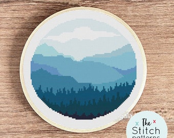 Landscape Modern Cross Stitch Pattern, nature counted cross stitch chart, blue mountain, forest , round, embroidery, digital cross stitch