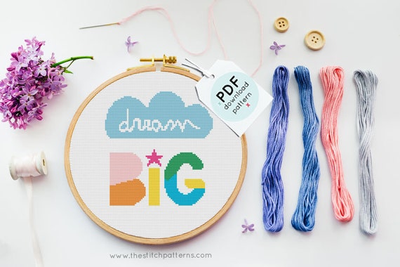 Visual Arts Dream Big Cross Stitch Pattern Cloud Cross Stitch New Baby Chart Rainbow Cross Stitch Cute Quote Pdf Gender Neutral Nursery Craft Supplies Tools