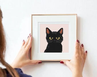 Black Cat Cross Stitch Pattern: Modern Pastel Design (PDF Download, 4x4in Beginner Friendly Chart)