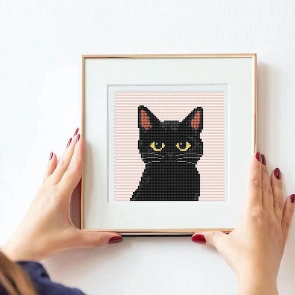 Black Cat Cross Stitch Pattern: Modern Pastel Design (PDF Download, 4x4in Beginner Friendly Chart)
