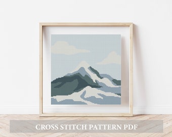 Paysage montagnes moderne point de croix motif PDF, tableau compté paysage, nature point de croix Design téléchargement immédiat, paysage de montagne