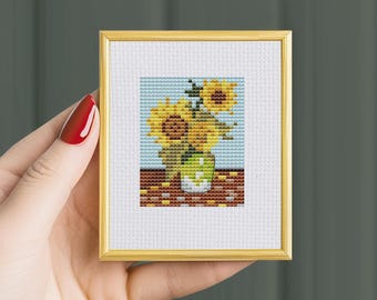 Schema per punto croce Girasoli di Van Gogh: schema floreale contato (download digitale) mini capolavori facili