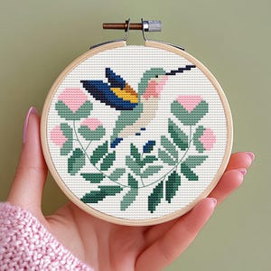 Kolibrie kruissteekpatroon pdf • Kolibrie met bloemen • MINI vogel kruissteekpatronen •eenvoudig Modern kruissteekpatroon, eenvoudig