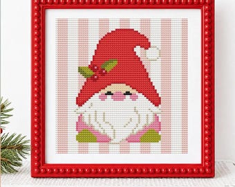 Christmas Gnome Cross Stitch Pattern | Needlepoint Chart | Counted Cross Stitch Gnome Holly Hat | Red Xmas Design | Digital PDF Download