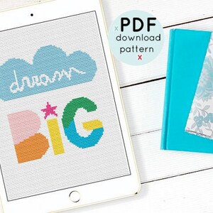 Dream big cross stitch pattern, rainbow cross stitch, New baby chart, Gender neutral nursery, cloud cross stitch, Cute quote pdf image 2