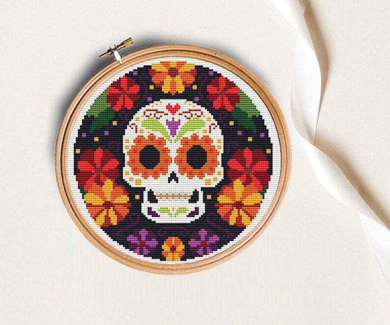 2er Set Kreuzstichmuster, Totenkopf Kreuzstichmuster, mexikanisches Kreuzstichmuster, modernes Kreuzstichmuster, Halloween Stickerei, mexikanisches Geschenk Bild 2