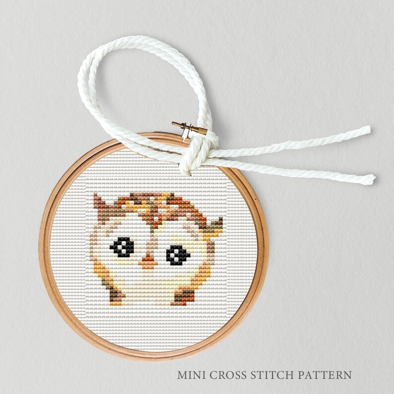 May include: A cross stitch pattern of a brown and white owl with large black eyes in a wooden embroidery hoop. The hoop is attached to a white string.