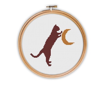 Cat Moon Cross Stitch Pattern, Whimsical Animal Embroidery (PDF Download)