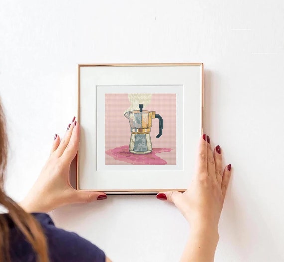 Pink Espresso Maker Cross Stitch Pattern: Coffee Lover Kitchen Decor (Digital Download)