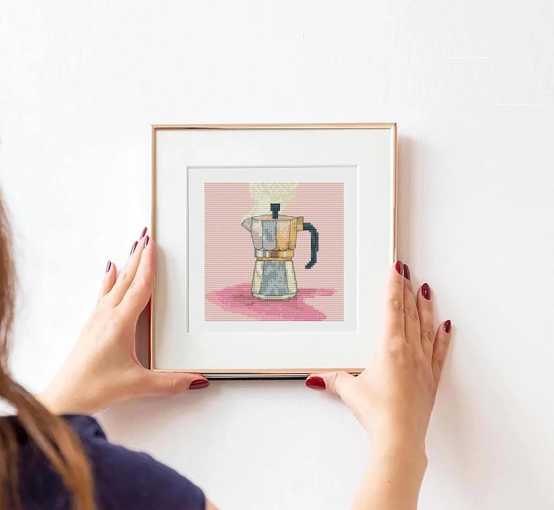 Espresso Maker Coffee Plant Cross Stitch Pattern - Digital Download - Coffee Cross Stitch - Coffee Lovers Cross Stitch Pattern