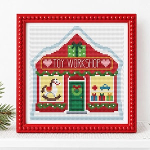 Christmas House Cross Stitch Pattern, toys shop Village PDF  Counted Chart, Cosy Stitching Ornament digital Pattern Holiday Santa easy craft