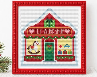 Schema per punto croce di una casa di Natale, villaggio con negozio di giocattoli in PDF, schema digitale per ricamo di un accogliente ornamento natalizio con Babbo Natale, lavoretto facile