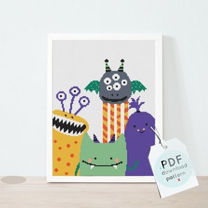 Funny monsters cross stitch pattern, baby xstitch, counted cross stitch, Little monster chart, baby boy, DIY nursery decor, cross stitch PDF