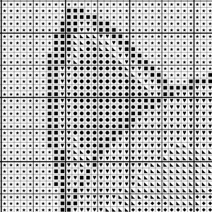 May include: Black and white cross stitch pattern with a variety of shapes, including stars, hearts, circles, squares, and triangles.