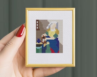 Modern cross stitch pattern, Tiny Milkmaid art, Johannes Vermeer, Miniature art cross stitch, modern Pattern PDF, modern embroidery,