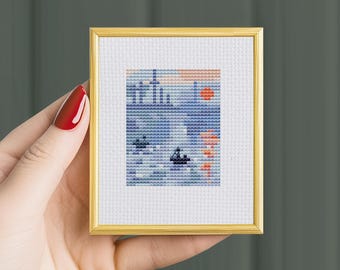 Tiny Impression, Sunrise by Monet, modern cross stitch, small cross stitch pattern, famous painting,Art Cross Stitch, Counted Cross Stitch