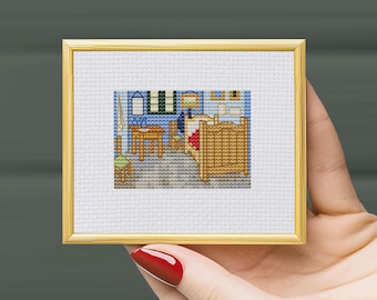 Art de point de croix, chambre à coucher à Arles, Vincent Van Gogh, mini point de croix, petit point de croix, broderie d'art, modèle pdf d'art, miniature