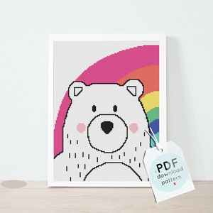 Bear Nursery Cross Stitch Pattern, rainbow Modern Cross Stitch Pattern, Bear PDF, Woodland animals Embroidery, pattern 23, easy cross stitch