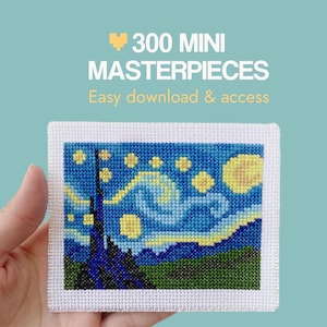 Famous Artwork Patterns Mini Cross Stitch Digital Download Van Gogh Starry Night Sunflowers Tiny Masterpieces Collection Beginner Friendly Project Simple Stitches Clear Instructions Pattern Keeper Compatible Small Size Completed Projects