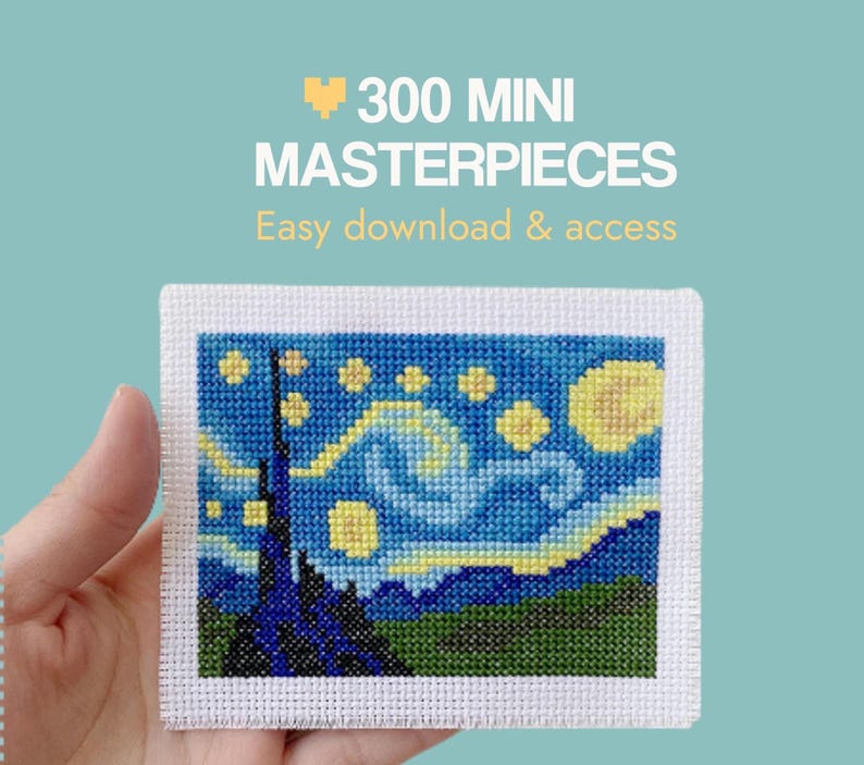 Famous Artwork Patterns Mini Cross Stitch Digital Download Van Gogh Starry Night Sunflowers Tiny Masterpieces Collection Beginner Friendly Project Simple Stitches Clear Instructions Pattern Keeper Compatible Small Size Completed Projects