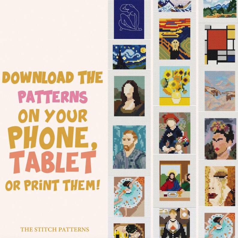 Puede incluir: Un collage de 16 im&aacute;genes de arte de p&iacute;xeles diferentes de pinturas famosas. Las im&aacute;genes incluyen El Grito, La Noche Estrellada, Mona Lisa, La Creaci&oacute;n de Ad&aacute;n, y m&aacute;s. El texto "DOWNLOAD THE PATTERNS ON YOUR PHONE, TABLET OR PRINT THEM!" est&aacute; en la parte inferior izquierda de la imagen. El texto "THE STITCH PATTERNS" est&aacute; en la parte inferior derecha de la imagen.