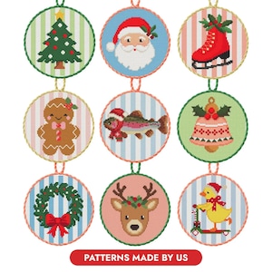 Christmas Cross Stitch Ornament Patterns, Set of 11  Pdf Download Beginner Holiday Needlepoint chart Santa Reindeer Gingerbread Gnome