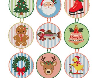 Christmas Cross Stitch Ornament Patterns, Set of 11  Pdf Download Beginner Holiday Needlepoint chart Santa Reindeer Gingerbread Gnome