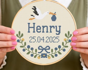 Może przedstawiać: Okrągły haft krzyżykowy w drewnianej tamborku. Przedstawia bociana z dzieckiem, imię "Henry" i datę "25.04.2025" w kolorze niebieskim, otoczone kwiatowym wieńcem z kokardą.