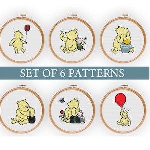 Set of 6 Winnie the pooh hoop art, Winnie the Pooh Cross Stitch Pattern, modern nursery decor, Cross stitch for kids, Nursery cross stitch