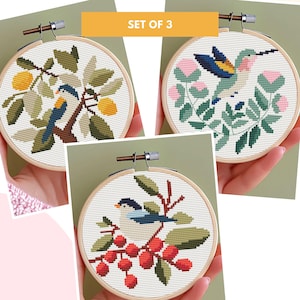 Lentevogel kruissteekpatroon pdf, KLEINE vogelkaarten, vogels borduren, bloemen vogelborduurwerk, bloeiend vogeltje, kruissteek voor beginners,