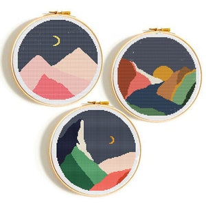 Berge Moderne KreuzstichMuster PDF, Set von 3 Mustern, Landschaft Sonnenuntergang Zählkarte, Mond Xstitch, Hoop Art, Landschaftsstickerei