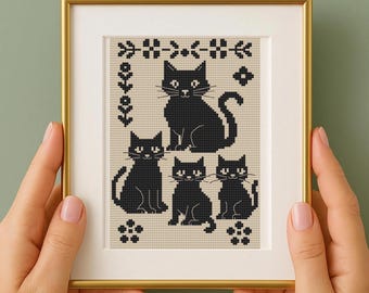 Black Cats Cross Stitch Pattern, Folk Art Border (PDF Pattern)