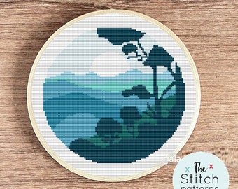 Patrón de punto de cruz de naturaleza, patrón de paisaje, punto de cruz de puesta de sol, diseño moderno de punto de cruz, punto de cruz 2020, punto de cruz de montaña
