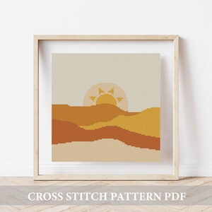 Patrón de punto de cruz de sol boho, Patrón de punto de cruz moderno de paisaje, Patrón de punto de cruz de sol del desierto, tabla de punto de cruz contada por la naturaleza
