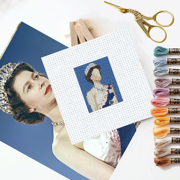 Queen Elizabeth II, mini cross stitch pattern, easy cross stitch, save the queen, needlework queen, England queen gift, Majesty Elizabeth II