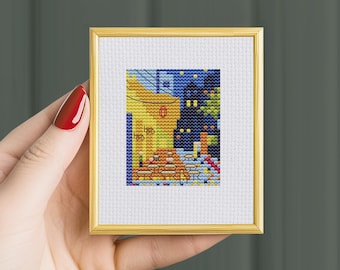 Terrasse de café la nuit, point de croix Vincent Van Gogh, petit modèle de point de croix, petit mini art, oeuvre d'art au point de chefs-d'oeuvre