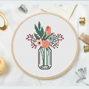 Modèle de point de croix floral, point de croix de plantes, modèle de point de croix de fleur, modèle de point de croix floral, modèle de point de croix moderne, art de cerceau